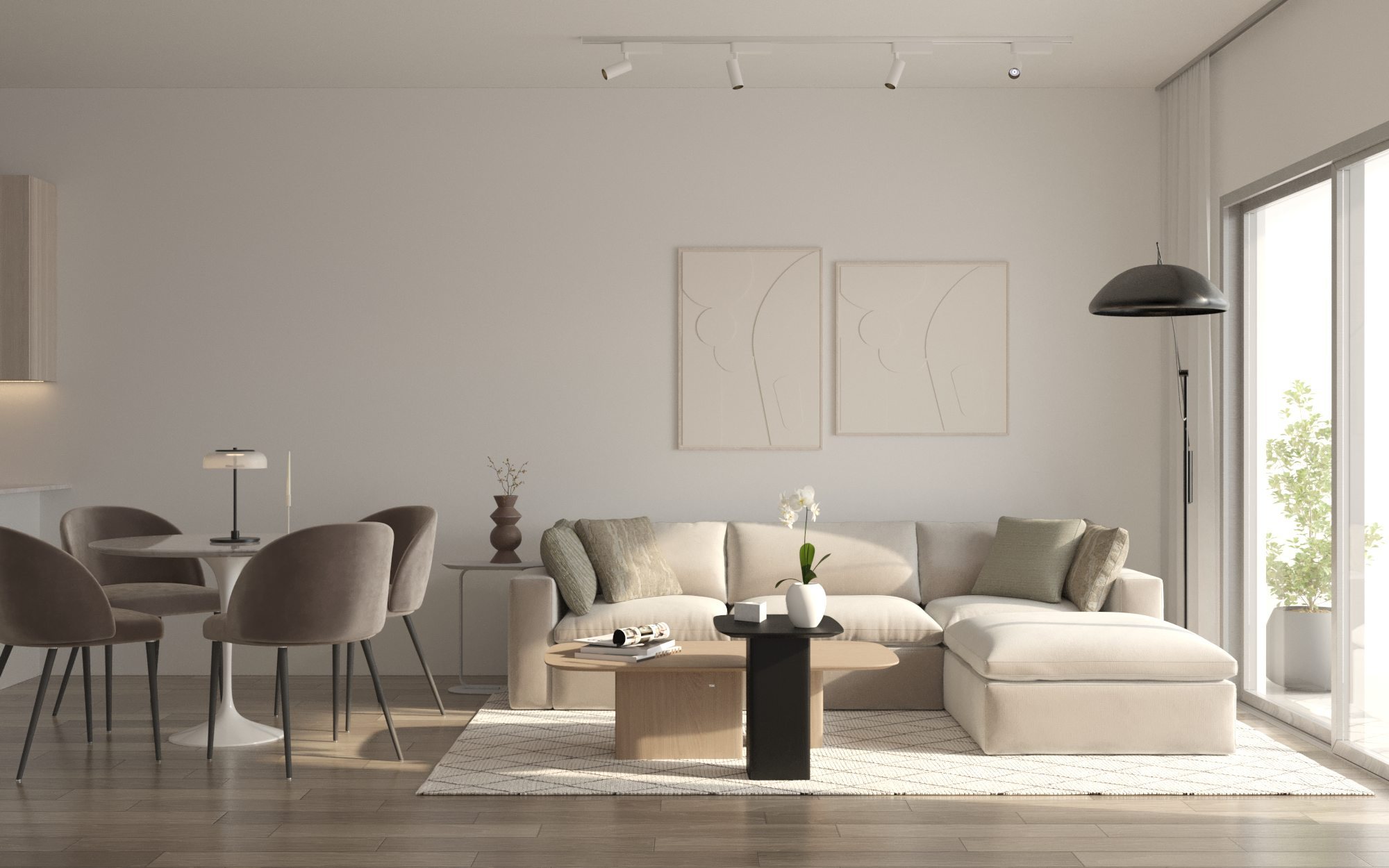 Sala de Ocean King con sofá seccional, mesa de comedor redonda y puerta corrediza de piso a techo a la terraza