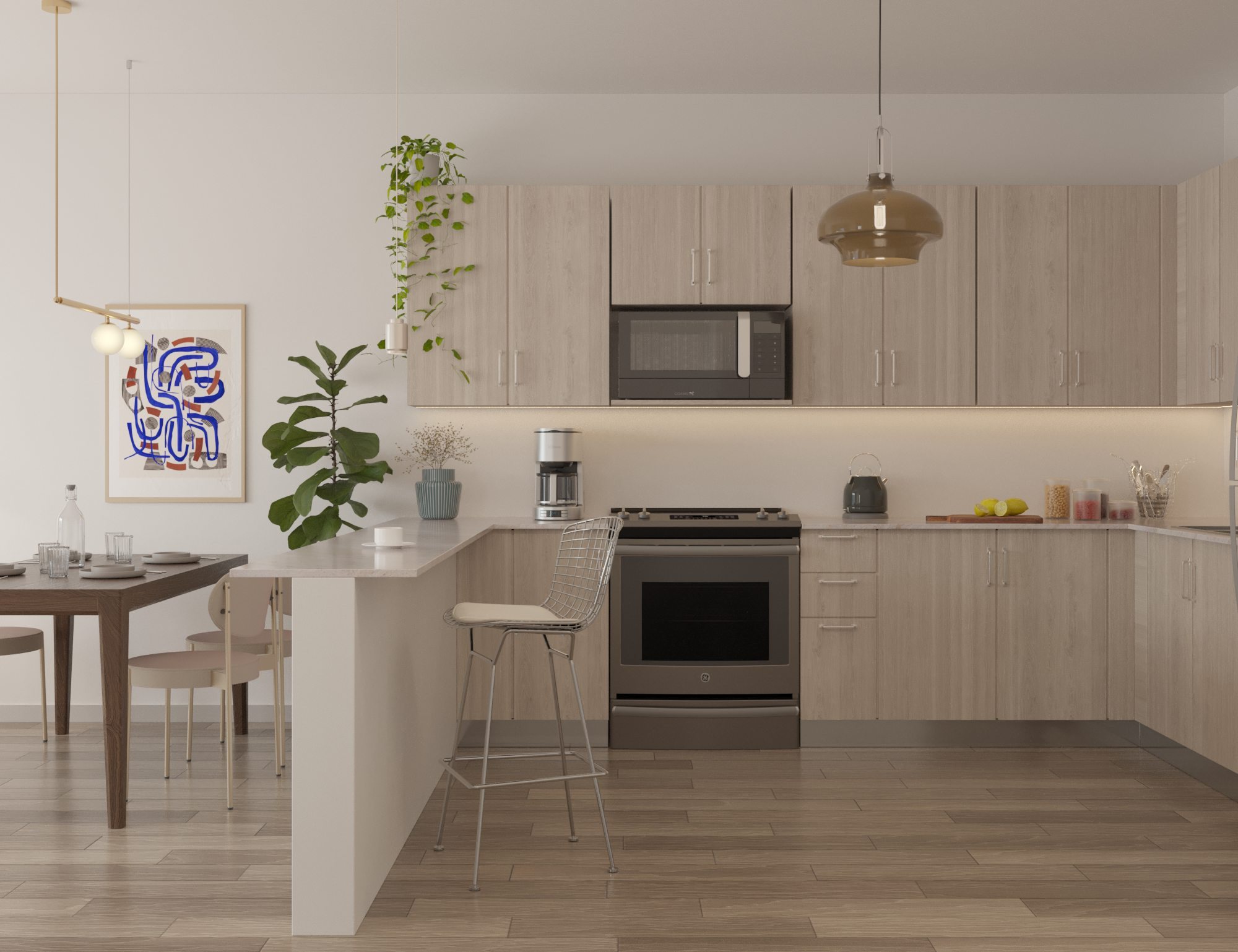Cocina y comedor de Ocean King con estufa, microondas, cubiertas de cuarzo y mesa de madera