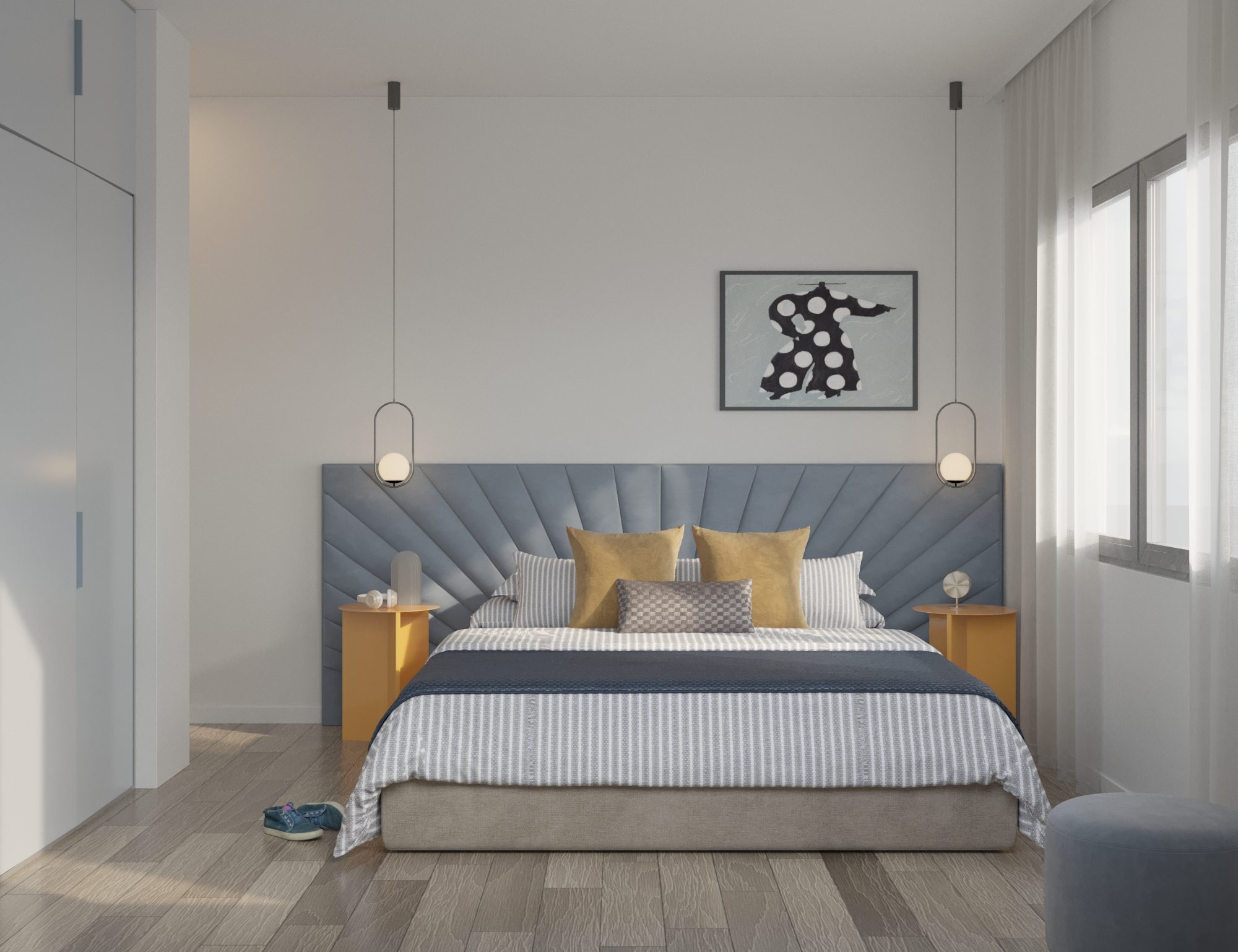 Habitación de Ocean King con cabecera azul acanalada, lámparas colgantes junto a la cama y clóset empotrado