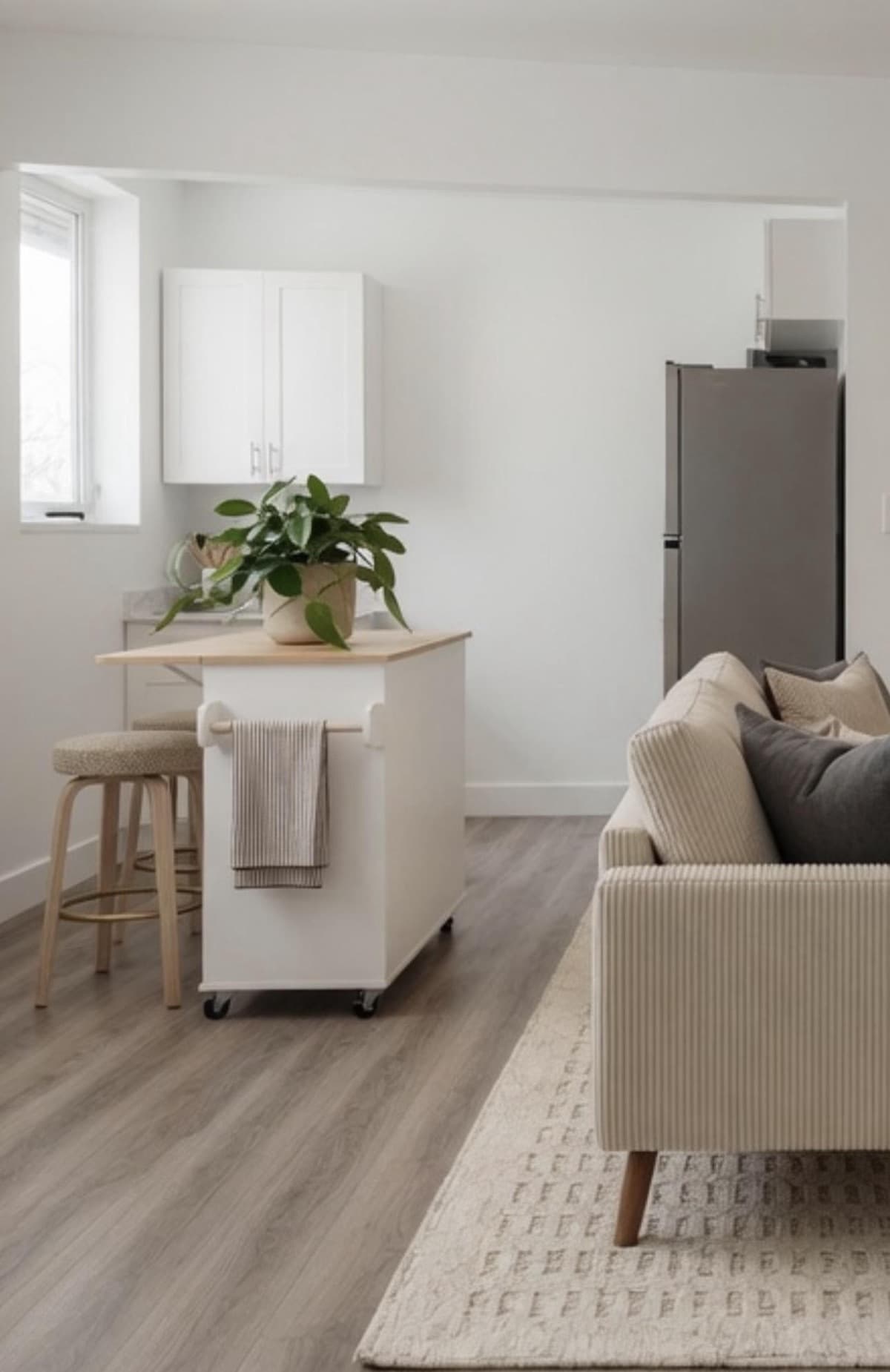 Optimized kitchenette with a mobile island and premium furniture