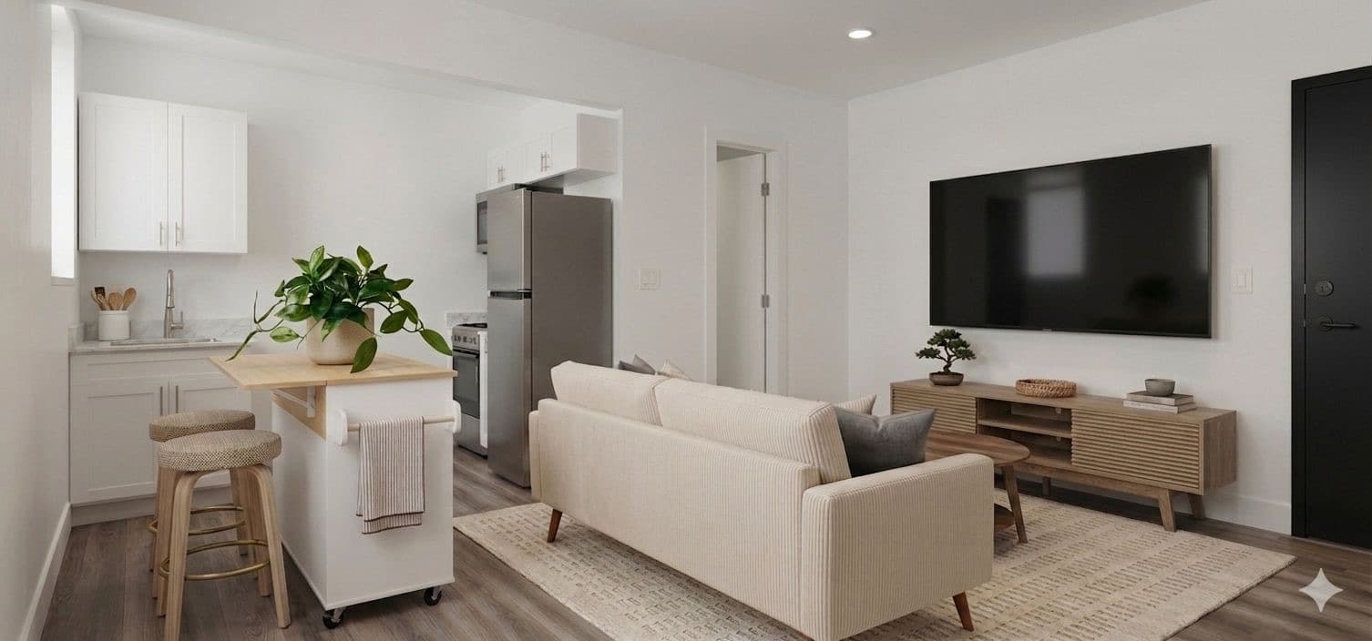 Fully furnished, optimized studio living area at 1250 SW 6th St