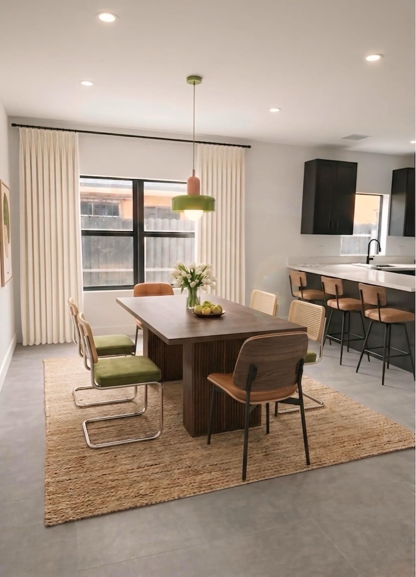 Styled dining and open kitchen in the co-living common area